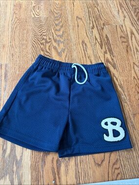 B Appliqué Navy Mesh Kids' Athletic Shorts with Contrast Drawcord